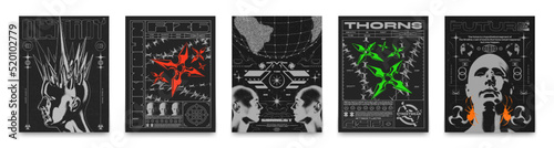 Retro futuristic posters with head with spikes, shurikens, spheres and spiders . In Techno style, stylish print for streetwear, print for t-shirts and hoodies, isolated on black background