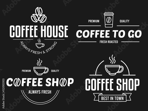 Set of coffee cup logo designs with coffee beans, vector template. Coffee house badges and emblems, logo concept with mug and paper coffee cup of hot drinks.