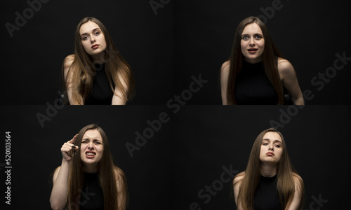 Set of different emotions. Collage with four different emotions in one young brunette woman in black t-shirt on black background. © Volodymyr