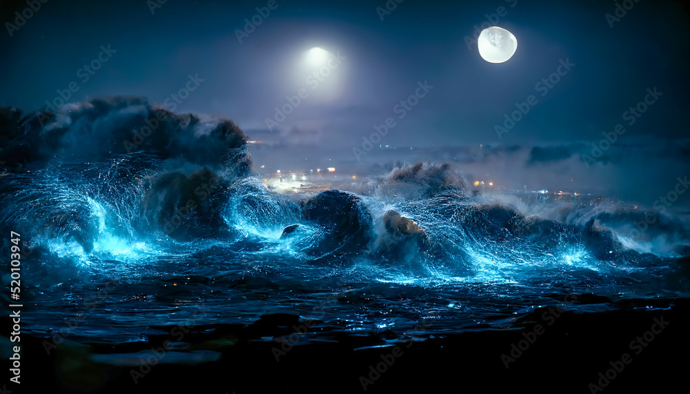 Night fantasy seascape with beautiful waves and foam. Night view of the ocean. Neon foam on water waves. Reflection in the water of the starry sky. 3D illustration. - obrazy, fototapety, plakaty 