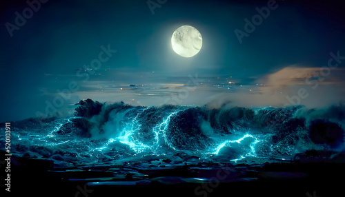 Night fantasy seascape with beautiful waves and foam. Night view of the ocean. Neon foam on water waves. Reflection in the water of the starry sky. 3D illustration. photo