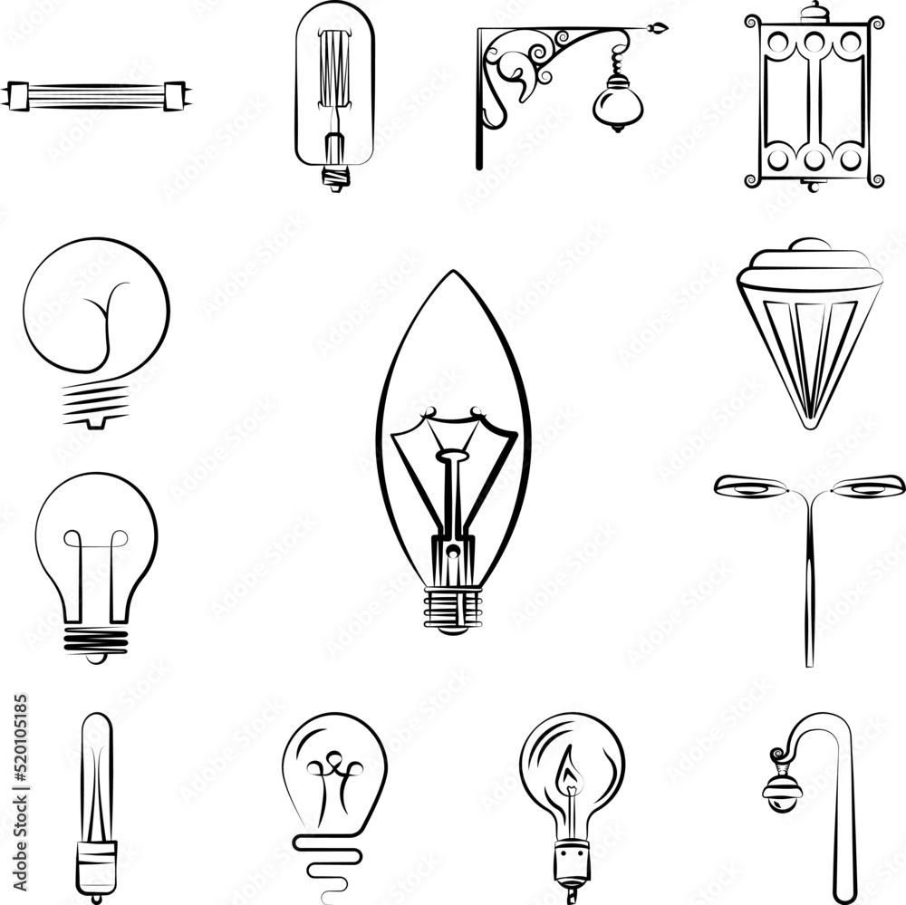 Light bulb icon in a collection with other items Light bulb icon in a collection with other items