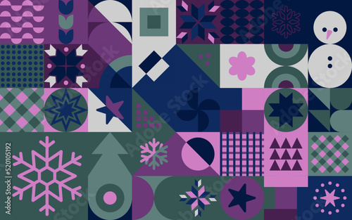 Geometryczna świąteczna kompozycja - kolorowa mozaika z gwiazdkami, choinkami i płatkami śniegu na Boże Narodzenie. Powtarzający się wzór w stylu neo geo do zastosowania jako tło do projektów.
