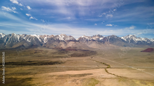 Aerial view of scenic Owens valley landscape , surrounded by Easter Sierra mountains in California