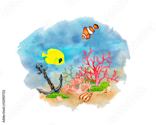 Sea bottom. Watercolor composition. Coral reef, shells, sunken anchor and exotic fish.
