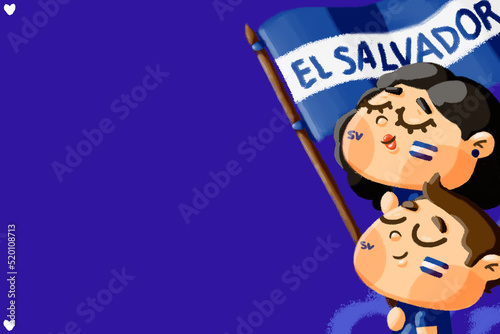 Ilustración de día de la Independencia de El Salvador, bandera de El Salvador, chico y chica salvadoreños patrióticos con fondo azul  photo