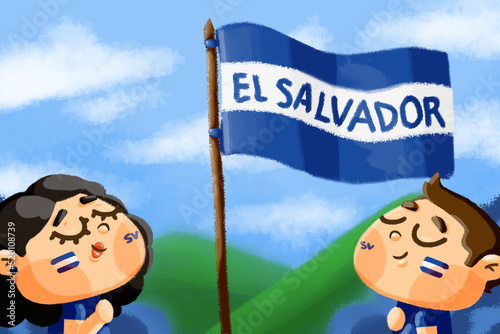 Ilustración infantil de día de la Independencia de El Salvador, bandera de El Salvador, chico y chica salvadoreños patrióticos con paisaje de fondo  photo