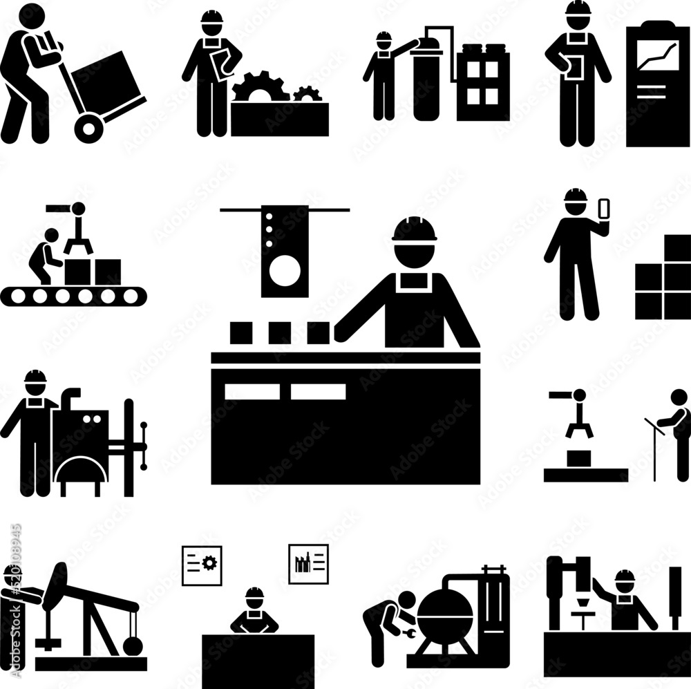 Production, job, man, manufacturing, engineer icon in a collection with other items Production, job, man, manufacturing, engineer icon in a collection with other items