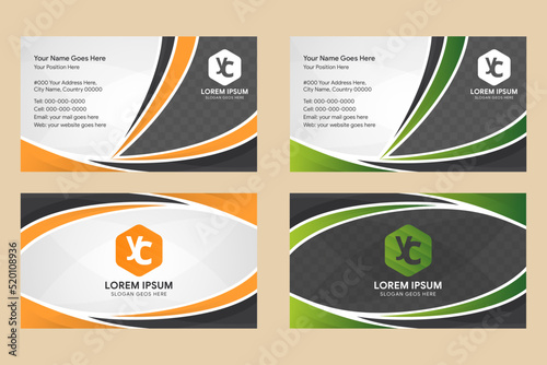 horizontal layout of business card with dark grey gradient and black background. orange and green gradient curve shape as element design. space for photo and text