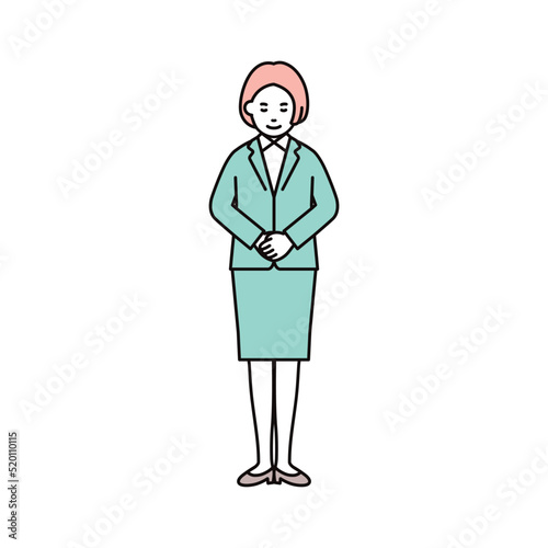 ビジネス_人物_女性_スーツ_全身_お辞儀_手を前に組む