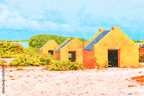 Digitally created watercolor painting of the historic red slave huts in Bonaire