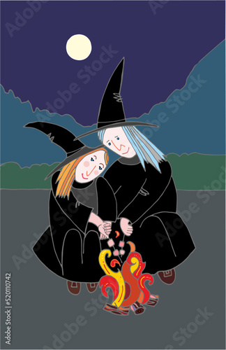 two witches in the autumn night roast marshmallows on the stake vector image halloween background with witch