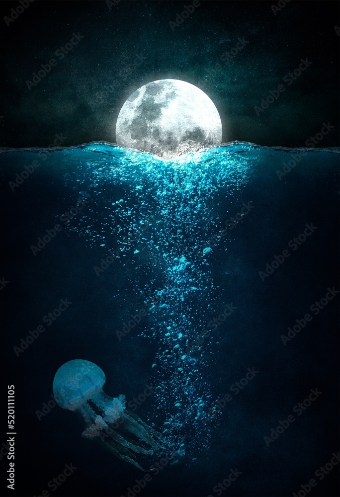 Color image of the moon and jellyfish underwater 