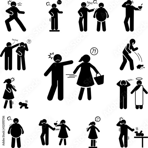 Man, girl, aggressive icon in a collection with other items
