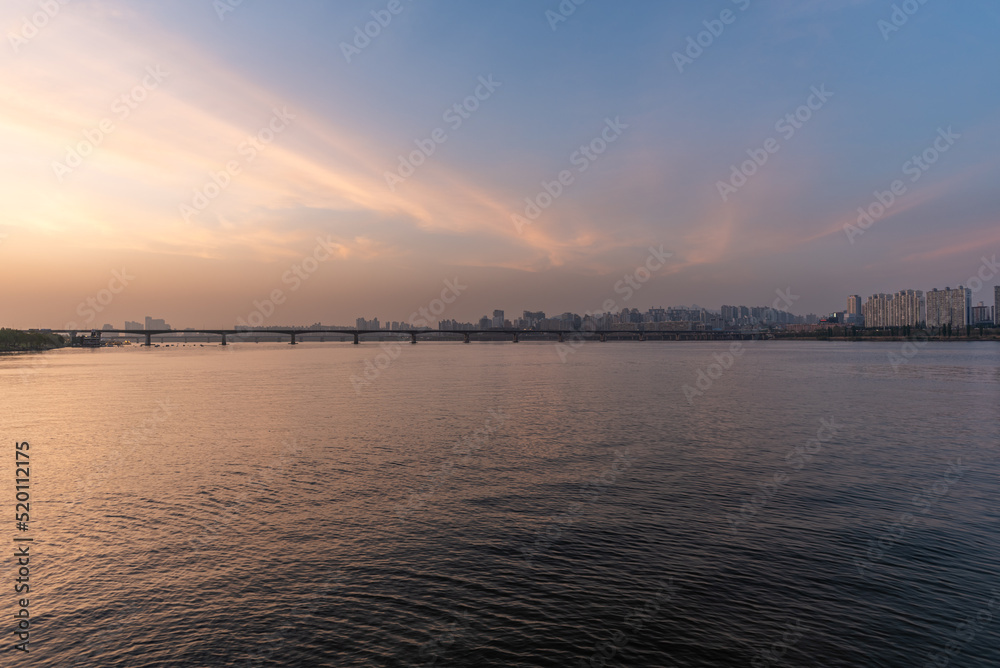 Han river and Seoul cityscape sunset view in South Korea