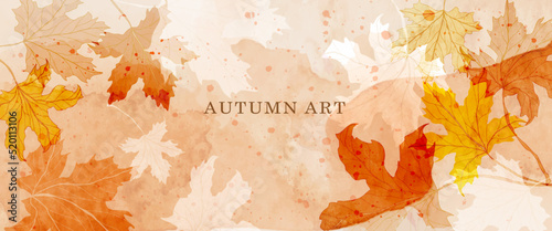 Watercolor art background with autumn yellow and red tree leaves. Botanical ink banner for design wallpaper, decor, print, textile, invitations, packaging.