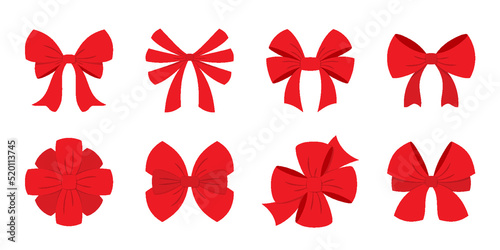 Red bow holiday gift party ribbon xmas flat set. Decoration important event present sign attention. Different tie shape decor room product wedding holiday packaging element valentine love isolated