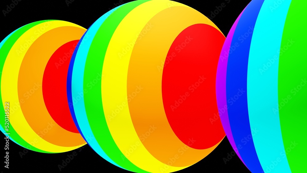 Obraz premium 3D rendering. Three-dimensional spheres with a pattern of lines with different colors of the rainbow. Spheres on a dark background.