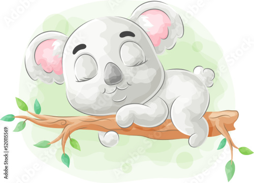 Cute doodle koala sleeping on tree with watercolor illustration