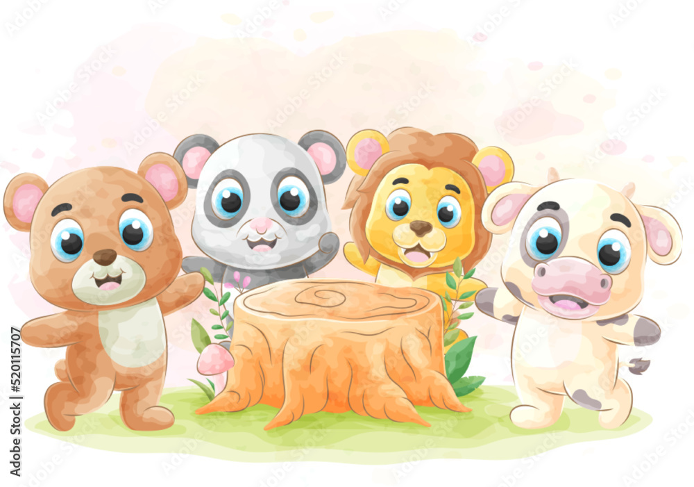 Cute animal friends with watercolor illustration Cute animal friends with watercolor illustration