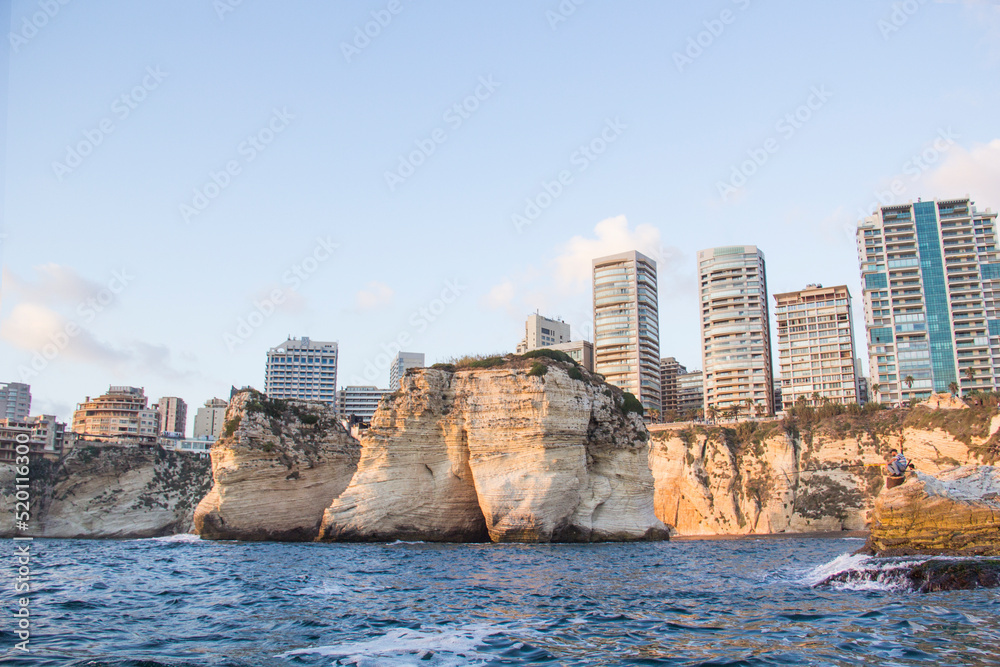 Beautiful view of the Pigeon Rocks on the promenade in the center of Beirut, Lebanon