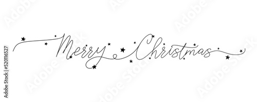 Merry Christmas hand lettering quote with wavy lines. Black festive continuous handwritten inscription with small stars on a white background. Single line art. Vector design template for greeting card