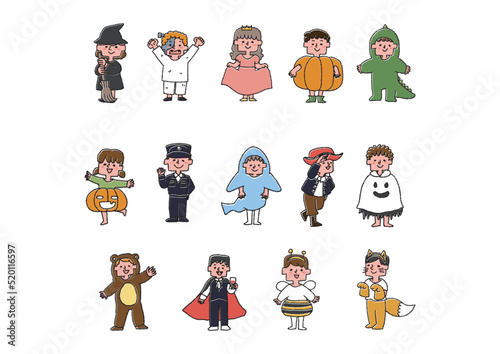 ハロウィンのパーティに参加する子供（カラー）コミカルな手書きの人物　ベクター、温かみのある線画