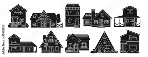 House front line engraving set. Various facade village or urban, small and tiny houses. Stamp modern or vintage cozy buildings. Residential homestead, cottage or villa facades apartment silhouette