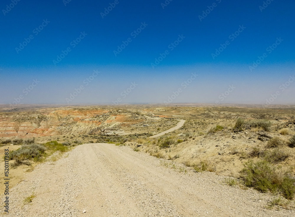 Dry Dusty Dirt Road Through the Vast Desert Canyon Under a Clear Blue Sky
