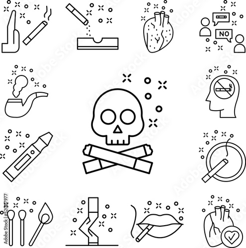 Cigarette, death icon in a collection with other items