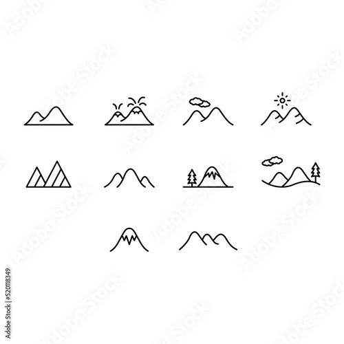 Mountains icon set. Editable vector stroke.