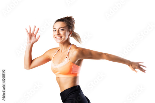 Portrait of a girl running. Female runner isolated on white background..