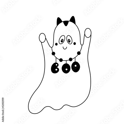 Vector cute spooky ghost with black cat ears and a necklace with letters Boo.Doodle style.Halloween cartoon design element.Outline. Isolated on white background.