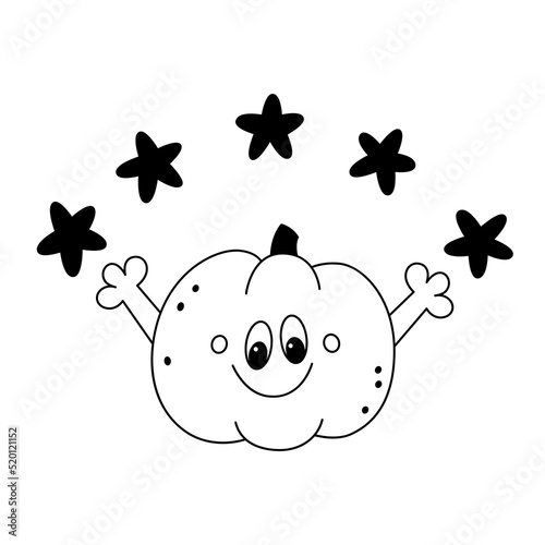 Vector doodle cute smiling pumpkin with stars. Festive childish happy halloween design element.Outline.Isolated on white background.