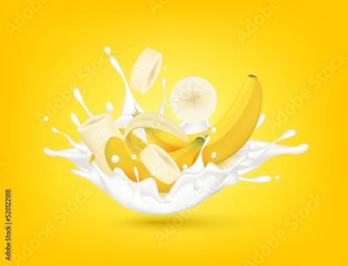 Banana milk yogurt splashing isolated on yellow background. Health concept. Realistic 3d vector illustration. Can used for product design advertising beverage and food products.