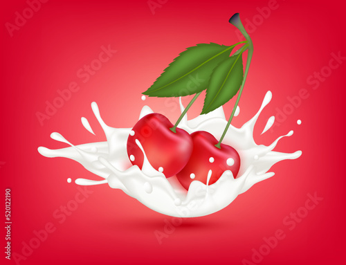 Cherry milk yogurt splashing isolated on red background. Health concept. Realistic 3d vector illustration. Can used for product design advertising beverage and food products.