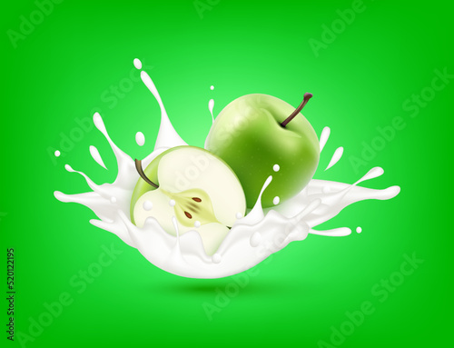 Green Apple milk yogurt splashing isolated on green background. Health concept. Realistic 3d vector illustration. Can used for product design advertising beverage and food products.
