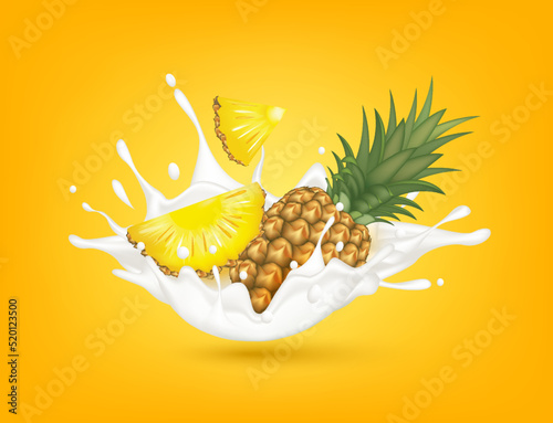 Pineapple milk yogurt splashing isolated on yellow background. Health concept. Realistic 3d vector illustration. Can used for product design advertising beverage and food products.