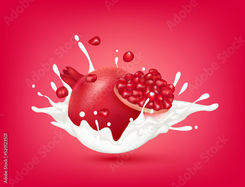 Pomegranate milk yogurt splashing isolated on red background. Health concept. Realistic 3d vector illustration. Can used for product design advertising beverage and food products.