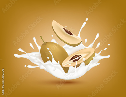 Sapodilla milk yogurt splashing isolated on brown background. Health concept. Realistic 3d vector illustration. Can used for product design advertising beverage and food products.