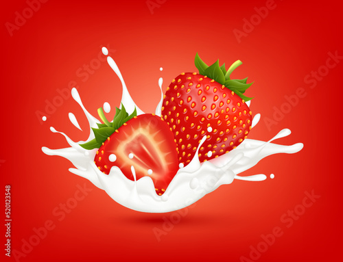 Strawberry milk yogurt splashing isolated on red background. Health concept. Realistic 3d vector illustration. Can used for product design advertising beverage and food products.