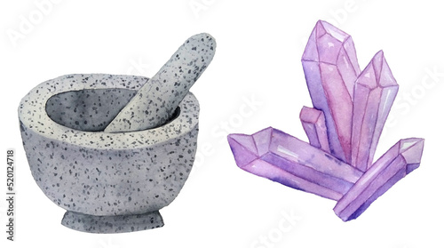 Watercolor hand drawn illsutration of gray mortar pestle and purple crystal. Witch halloween occult magic tools for witchcraft potion brew, wizard mystery concept.