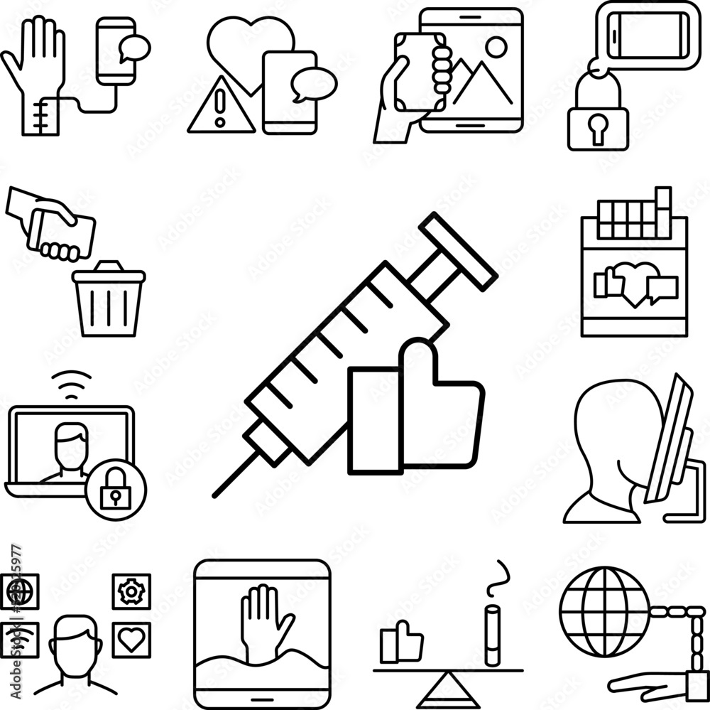 Syringe, social addict icon in a collection with other items Syringe, social addict icon in a collection with other items
