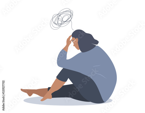 vector illustration in a flat style on the theme of depression, anxious thoughts, emotional burnout. the girl sits sadly - a tangle of confused thoughts is above her head
