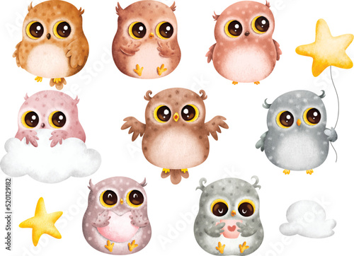 Watercolor Illustration set of Cute baby owl