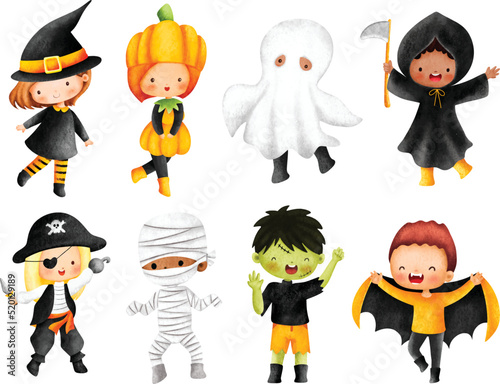Watercolor Illustration set of Kids in Halloween Costume