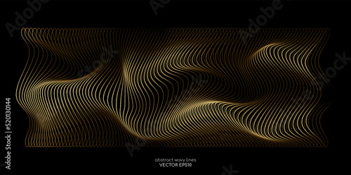 3D Vector wave lines pattern smooth curve flowing dynamic gold gradient light isolated on black background for concept of luxury, technology, digital, communication, science, music