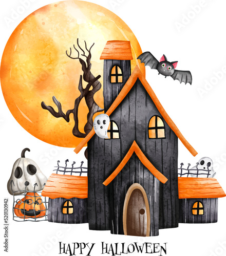Halloween Haunted house with a full moon. Happy Halloween, watercolor vector illustration..