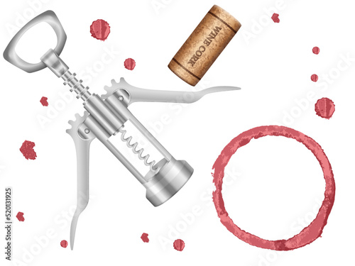 Wine stain cork and corkscrew