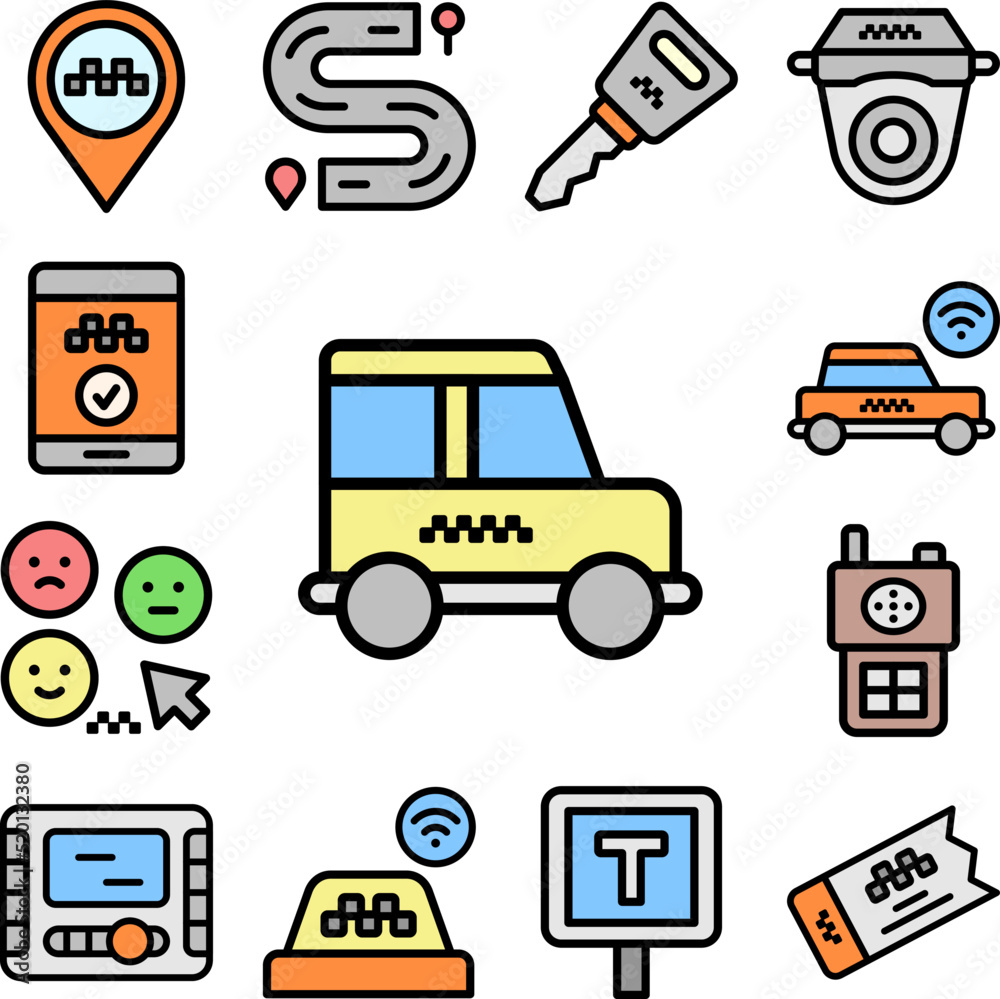 Taxi, car icon in a collection with other items Taxi, car icon in a collection with other items